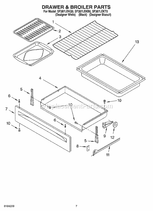 Whirlpool SF387LEKT0 Freestanding Gas Range Drawer and Broiler Diagram