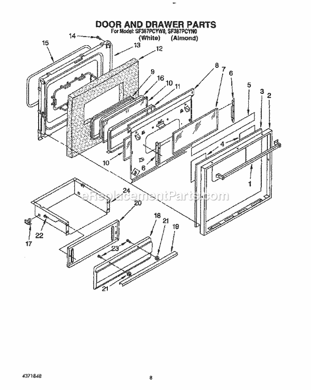 Whirlpool SF387PCYN0 Range Door and Drawer Diagram