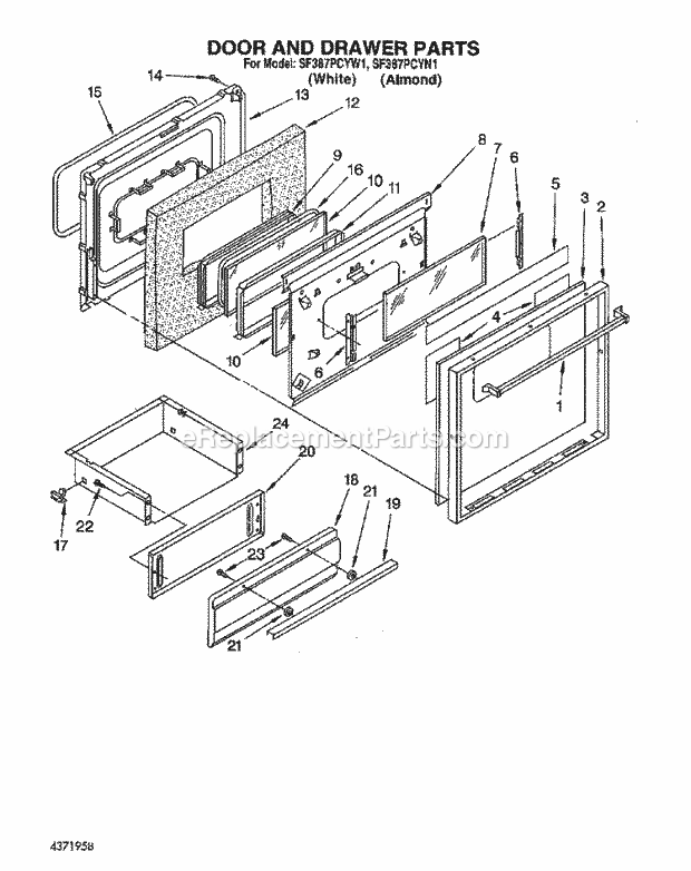 Whirlpool SF387PCYW1 Gas Range Door and Drawer Diagram