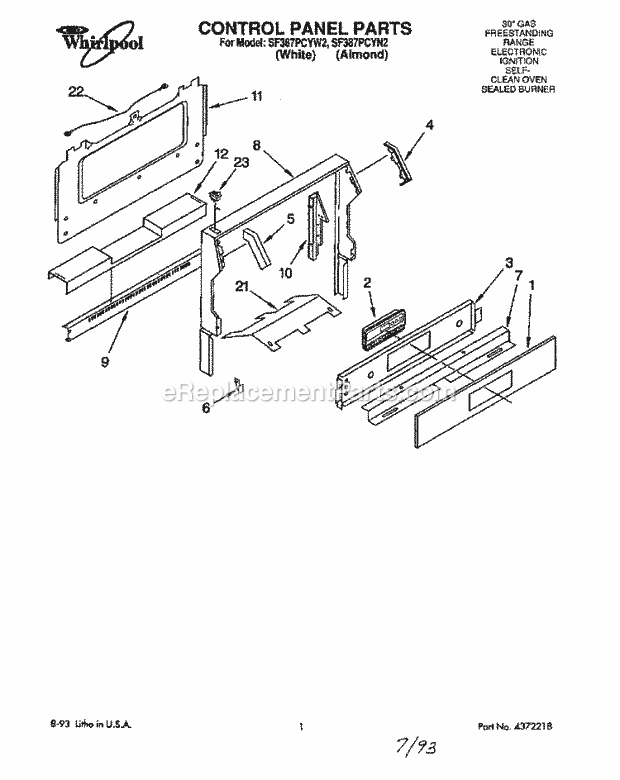 Whirlpool SF387PCYW2 Gas Range Control Panel Diagram