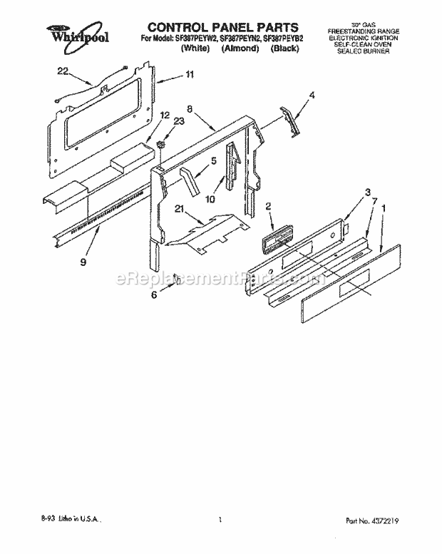 Whirlpool SF387PEYB2 Freestanding Gas Range Control Panel Diagram