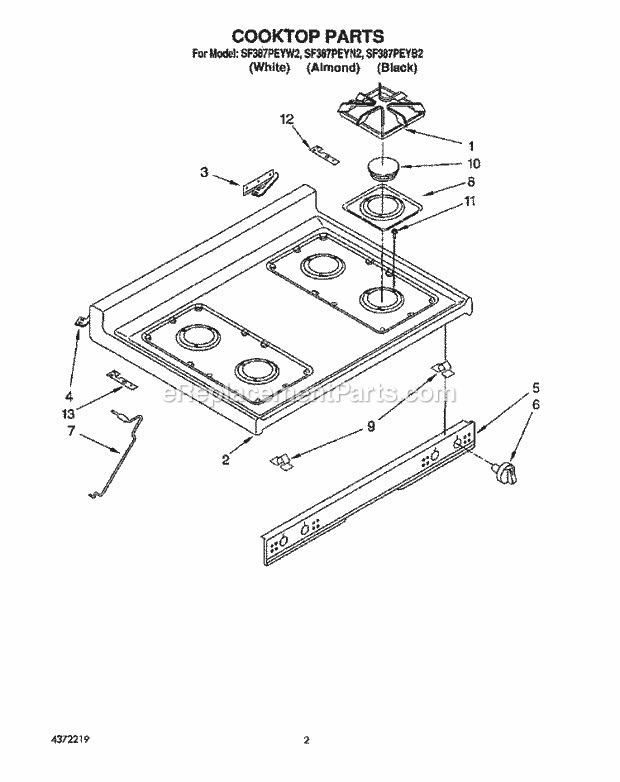 Whirlpool SF387PEYB2 Freestanding Gas Range Cooktop Diagram