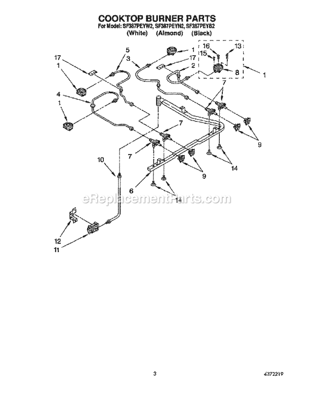 Whirlpool SF387PEYB2 Freestanding Gas Range Cooktop Burner Diagram