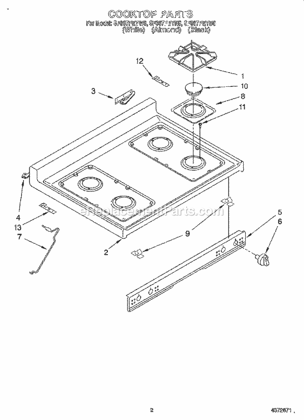 Whirlpool SF387PEYB6 Gas Range Cooktop Diagram