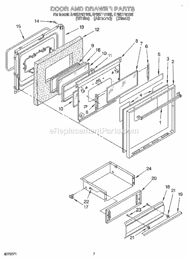 Whirlpool SF387PEYB6 Gas Range Door & Drawer Diagram