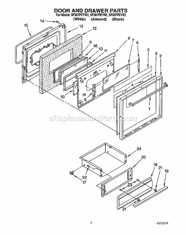 Whirlpool SF387PEYN2 Freestanding Gas Range Door and Drawer Diagram