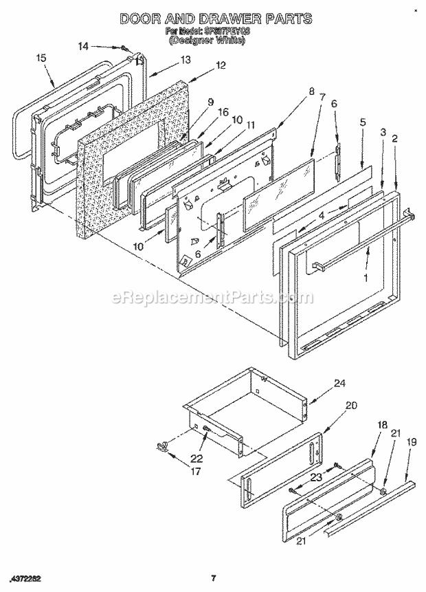 Whirlpool SF387PEYQ3 Gas Range Door and Drawer Diagram