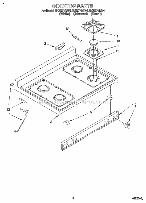 Whirlpool SF387PEYW4 Freestanding Gas Range Cooktop Diagram