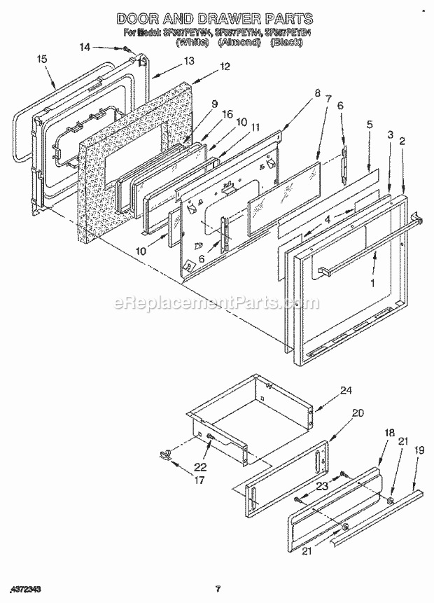 Whirlpool SF387PEYW4 Freestanding Gas Range Door and Drawer Diagram