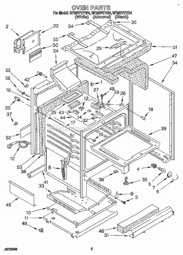 Whirlpool SF387PEYW4 Freestanding Gas Range Oven Diagram