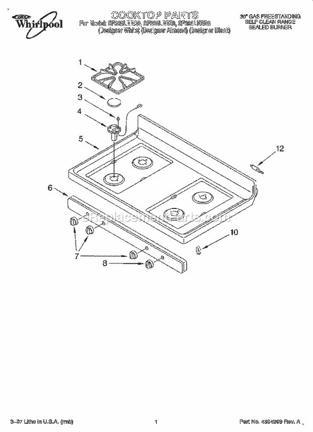 Whirlpool SF395LEEZ0 Freestanding Gas Range Cooktop Diagram