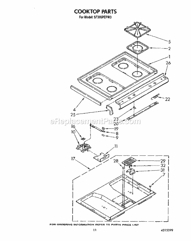 Whirlpool SF395PEPW3 Freestanding Gas Range Cooktop Diagram
