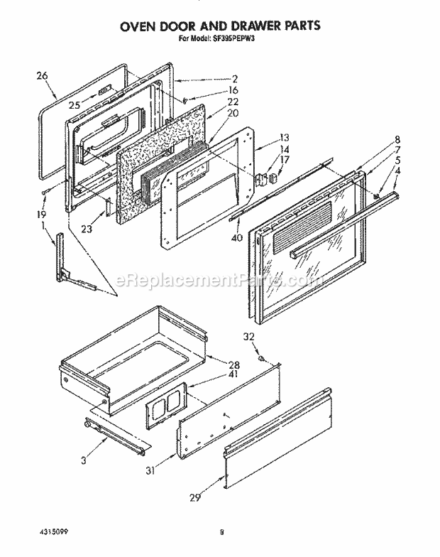 Whirlpool SF395PEPW3 Freestanding Gas Range Oven Door and Drawer Diagram