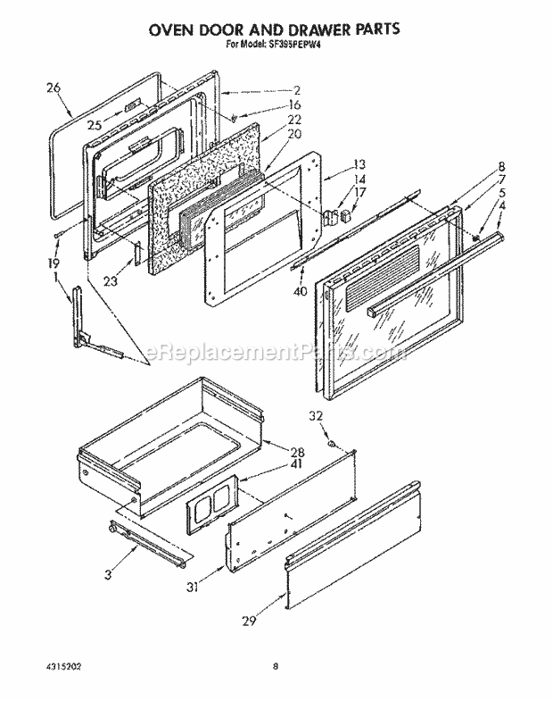 Whirlpool SF395PEPW4 Freestanding Gas Range Oven Door and Drawer Diagram