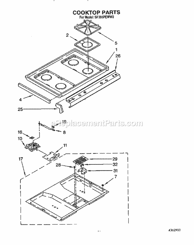 Whirlpool SF395PEWW2 Freestanding Gas Range Cooktop Diagram