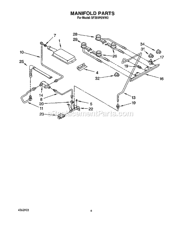 Whirlpool SF395PEWW2 Freestanding Gas Range Manifold Diagram