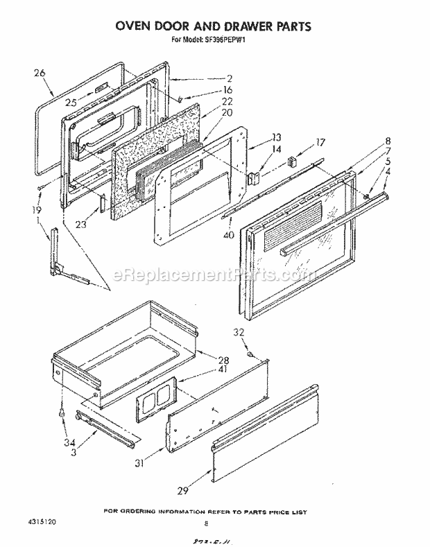 Whirlpool SF396PEPW1 Gas Range Oven Door and Drawer Diagram