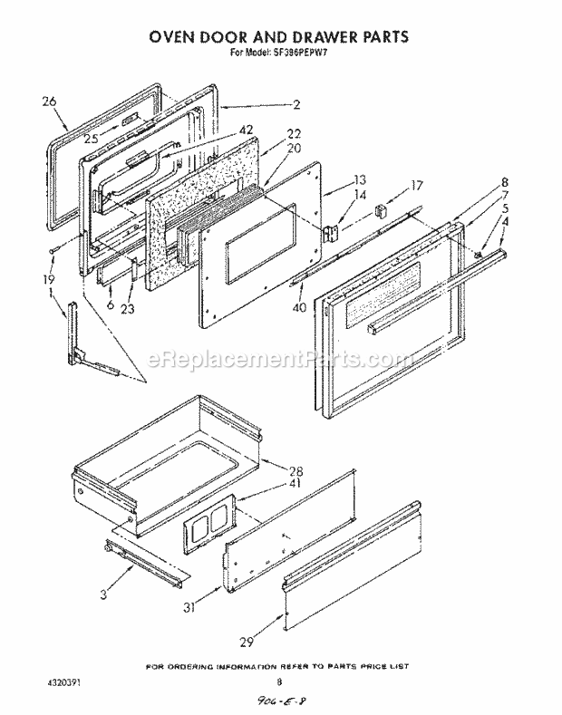 Whirlpool SF396PEPW7 Gas Range Oven Door and Drawer Diagram