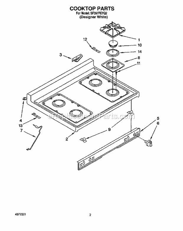 Whirlpool SF397PEYQ2 Gas Range Cooktop Diagram