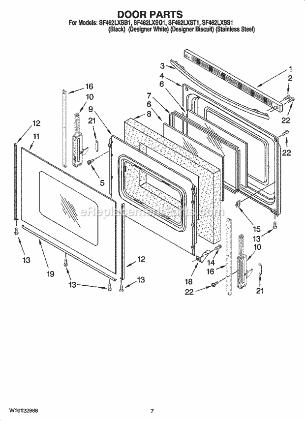 Whirlpool SF462LXSB1 Freestanding Gas Range Door Parts Diagram