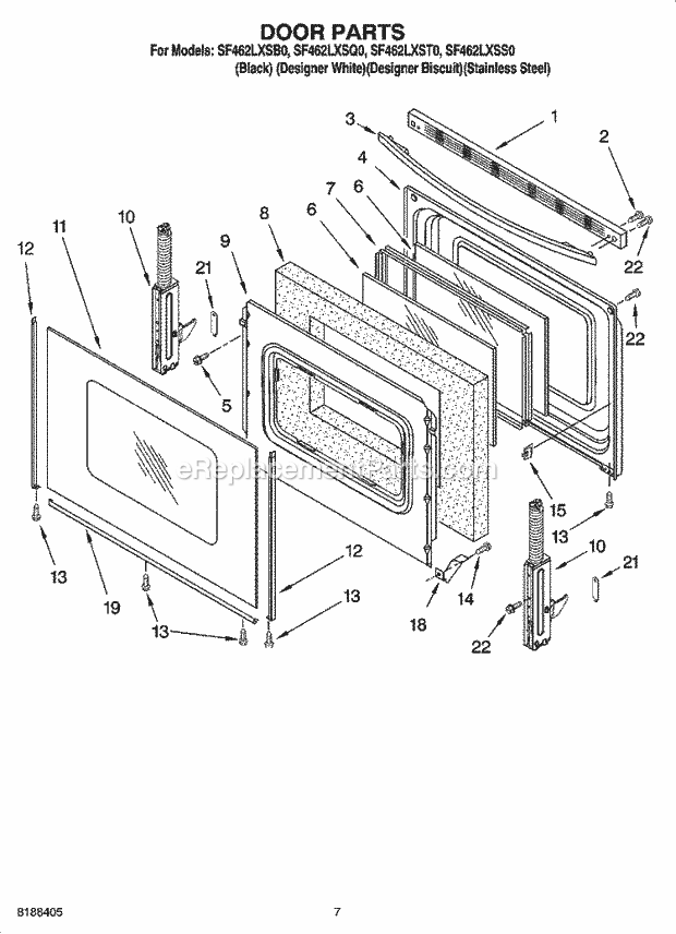 Whirlpool SF462LXSS0 Freestanding Gas Range Door Parts Diagram