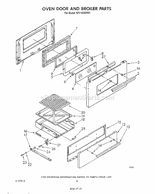 Whirlpool SF5100SRW0 Gas Range Oven Door and Broiler Diagram