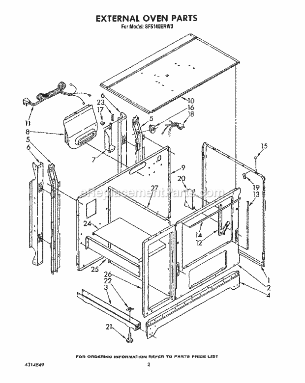 Whirlpool SF5140ERW3 Freestanding Gas Range External Oven Diagram