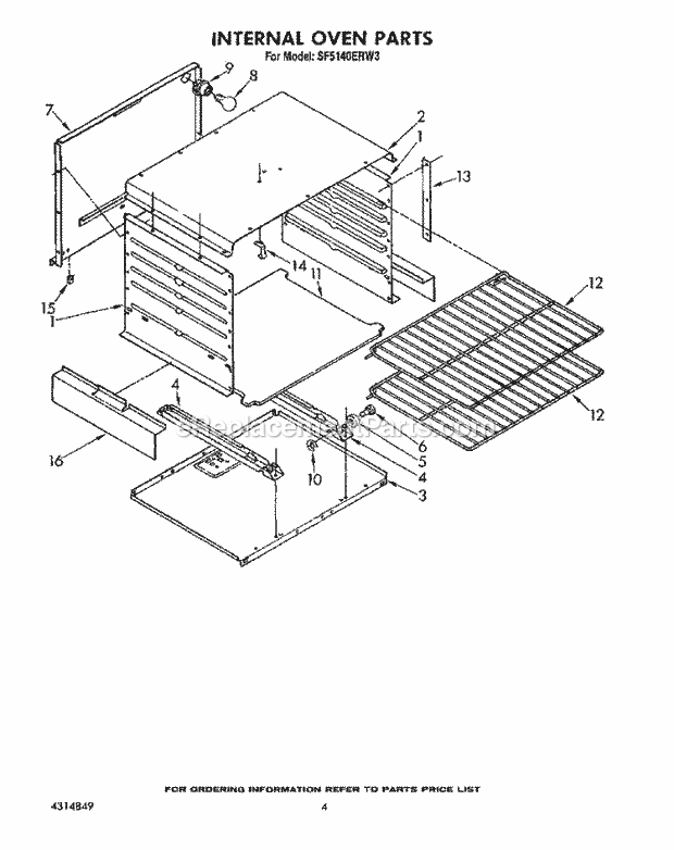 Whirlpool SF5140ERW3 Freestanding Gas Range Internal Oven Diagram