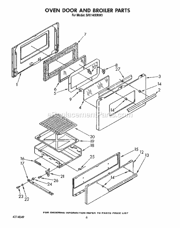 Whirlpool SF5140ERW3 Freestanding Gas Range Oven Door and Broiler Diagram