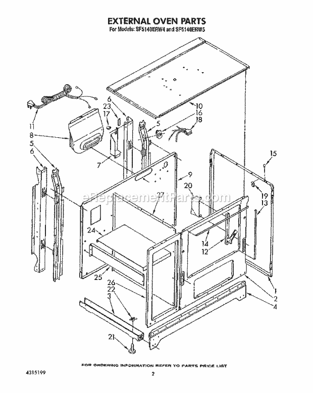 Whirlpool SF5140ERW4 Freestanding Gas Range External Oven Diagram