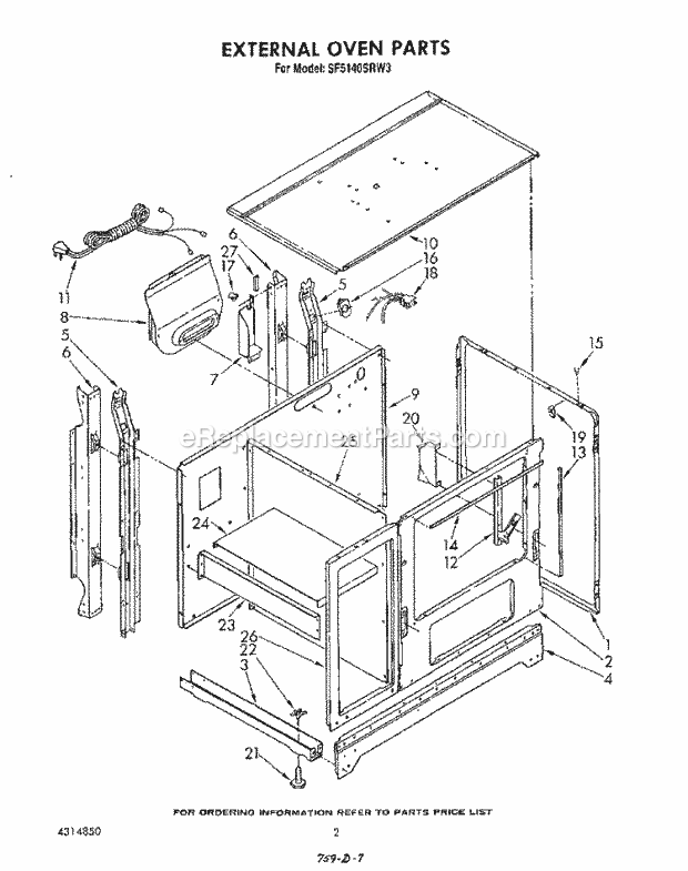 Whirlpool SF5140SRW3 Freestanding Gas Range External Oven Diagram