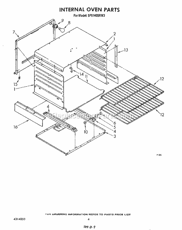 Whirlpool SF5140SRW3 Freestanding Gas Range Internal Oven Diagram