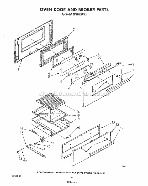 Whirlpool SF5140SRW3 Freestanding Gas Range Oven Door and Broiler Diagram