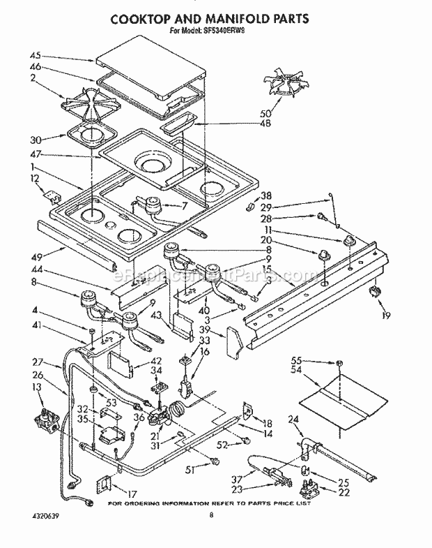 Whirlpool SF5340ERW9 Gas Range Cooktop and Manifold, Lit/Optional Diagram