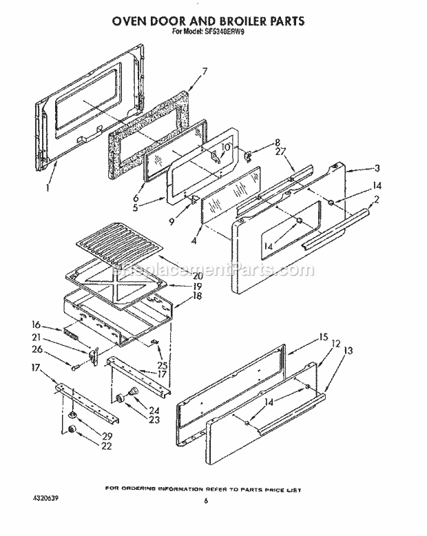 Whirlpool SF5340ERW9 Gas Range Oven Door and Broiler Diagram