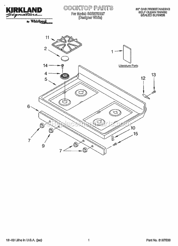 Whirlpool SGS375HQ7 Freestanding Gas Range Cooktop, Literature Diagram