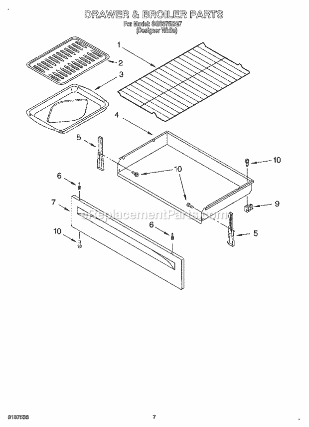 Whirlpool SGS375HQ7 Freestanding Gas Range Drawer and Broiler Diagram