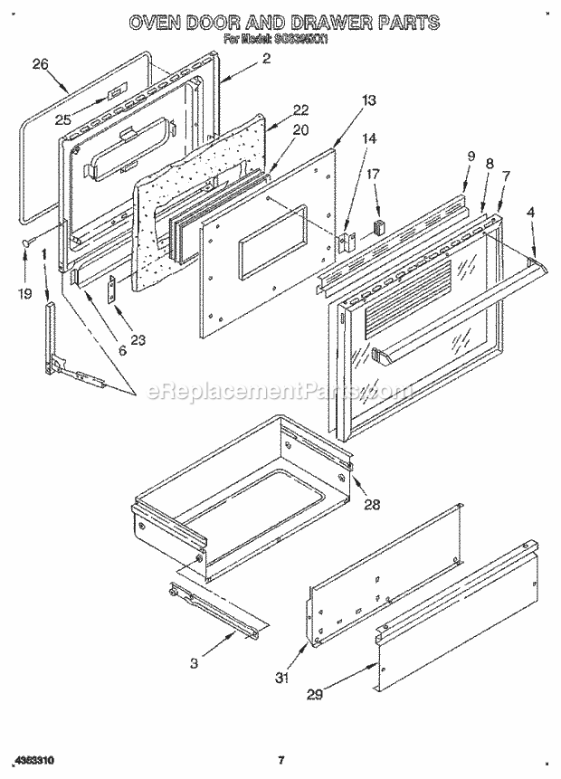 Whirlpool SGS395XX1 Range Oven Door and Drawer Diagram