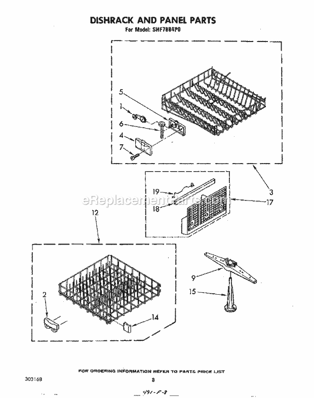 Whirlpool SHF7884P0 Dishwasher Dishrack and Panel Diagram