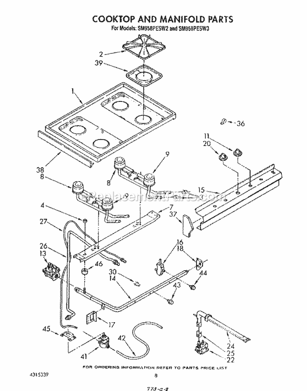 Whirlpool SM958PESW3 Gas Range Cook Top and Manifold Diagram