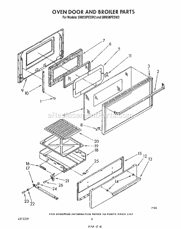 Whirlpool SM958PESW3 Gas Range Oven Door and Broiler Diagram