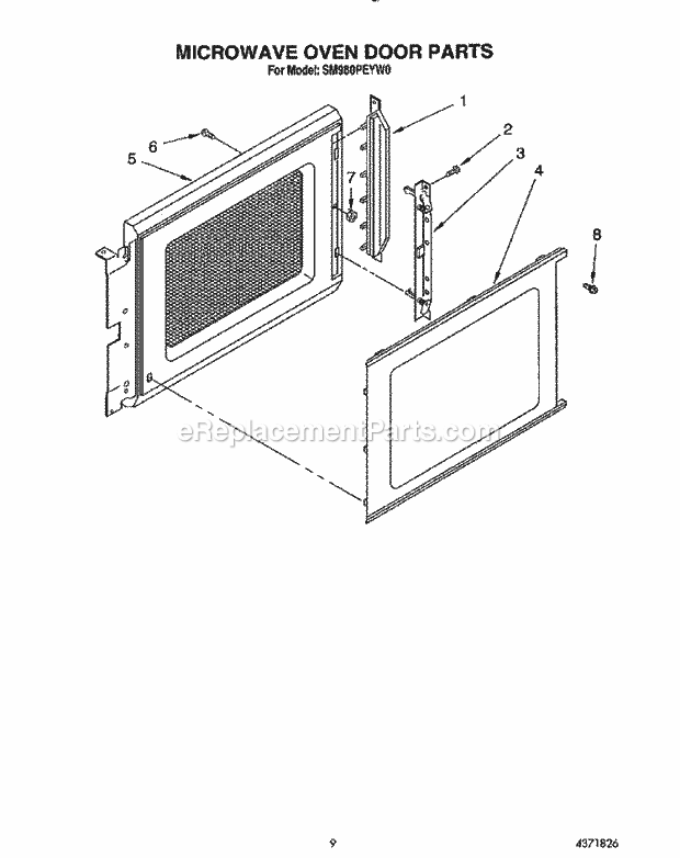 Whirlpool SM980PEYW0 Gas Range Microwave Oven Door Diagram