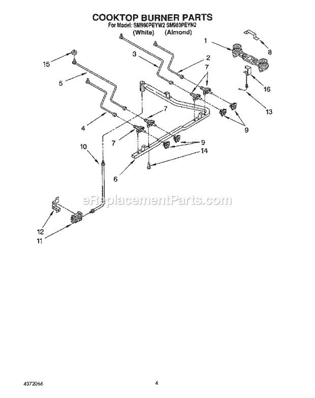 Whirlpool SM980PEYW2 Gas Range Cooktop Burner Diagram