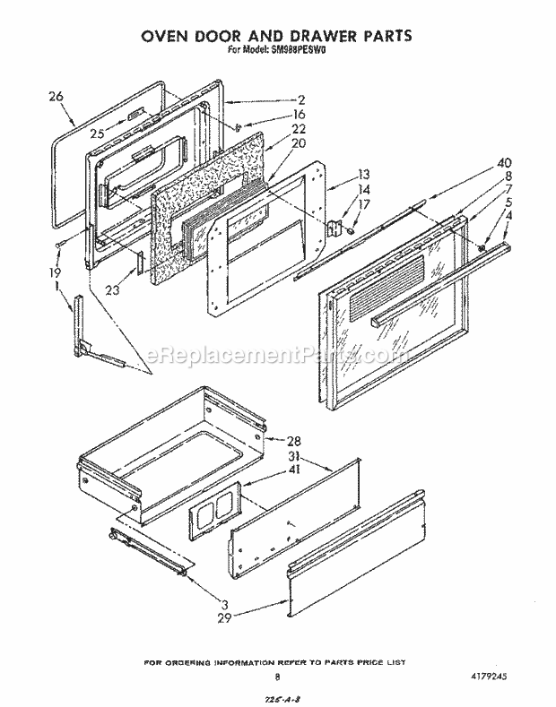 Whirlpool SM988PESW0 Gas Range Oven Door and Drawer Diagram