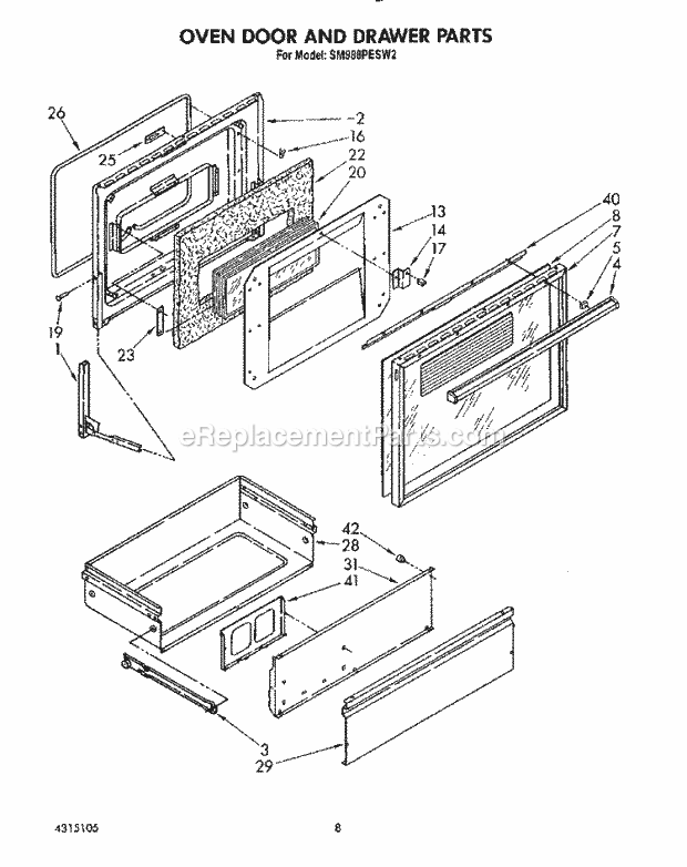 Whirlpool SM988PESW2 Gas Range Oven Door and Drawer Diagram