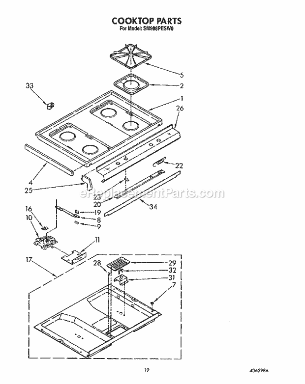 Whirlpool SM988PESW8 Gas Range Cooktop Diagram