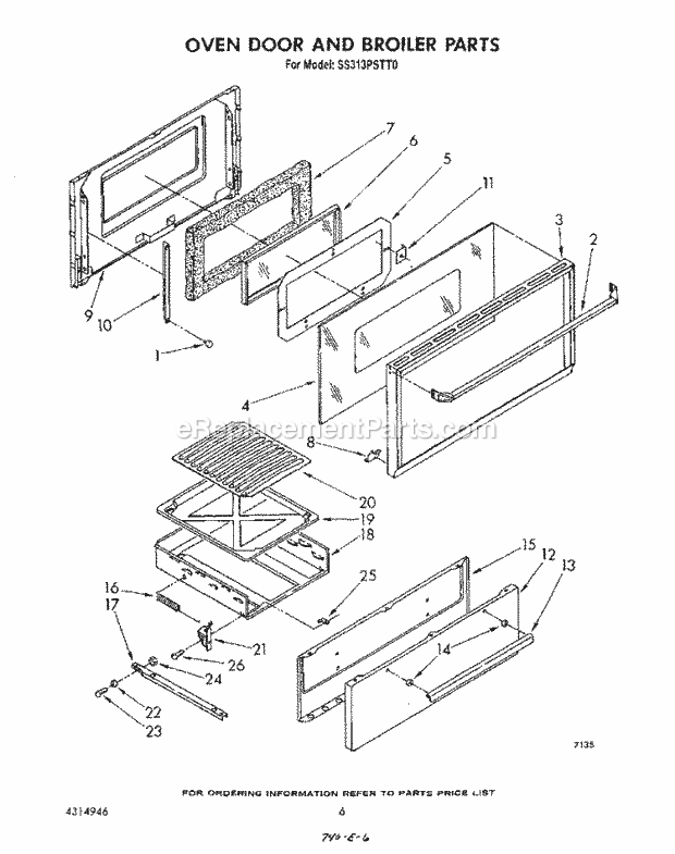Whirlpool SS313PSTT0 Gas Range Oven Door and Broiler Diagram