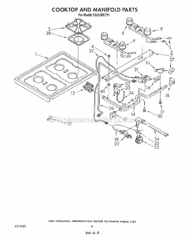 Whirlpool SS333PETT1 Gas Range Cooktop and Manifold Diagram
