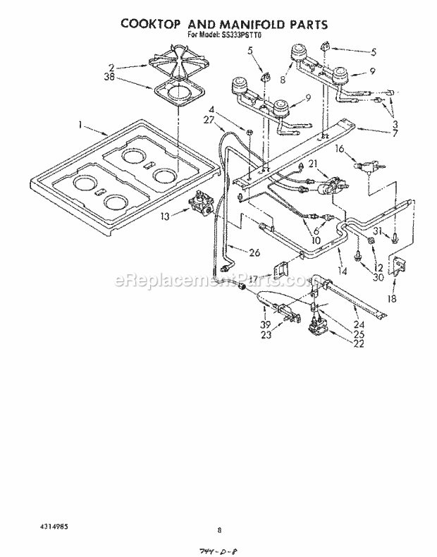 Whirlpool SS333PSTT0 Gas Range Cook Top and Manifold Diagram