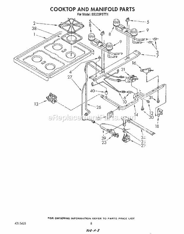Whirlpool SS333PSTT1 Gas Range Cook Top and Manifold Diagram